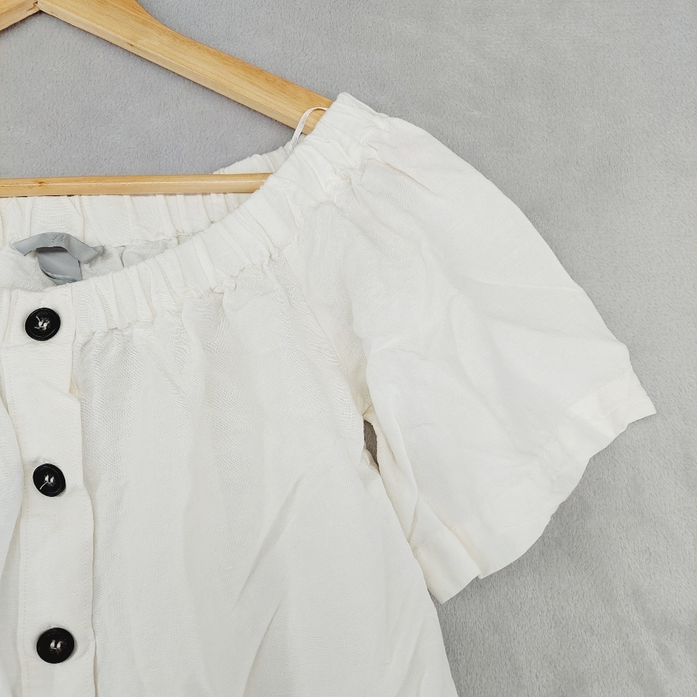 H&M White Linen-Blend Off-Shoulder Blouse Front Buttons Short Puff Sleeves P5763 - Picture 3 of 7